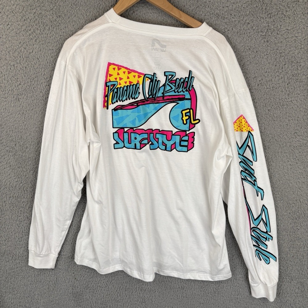NEW Surf Style Shirt Mens Large White Surfer Graphic Print Retro Long Sleeve Tee